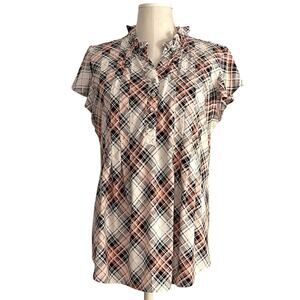 *NWOT* Kim Rogers Black, White & Pink Plaid Ruffle Top